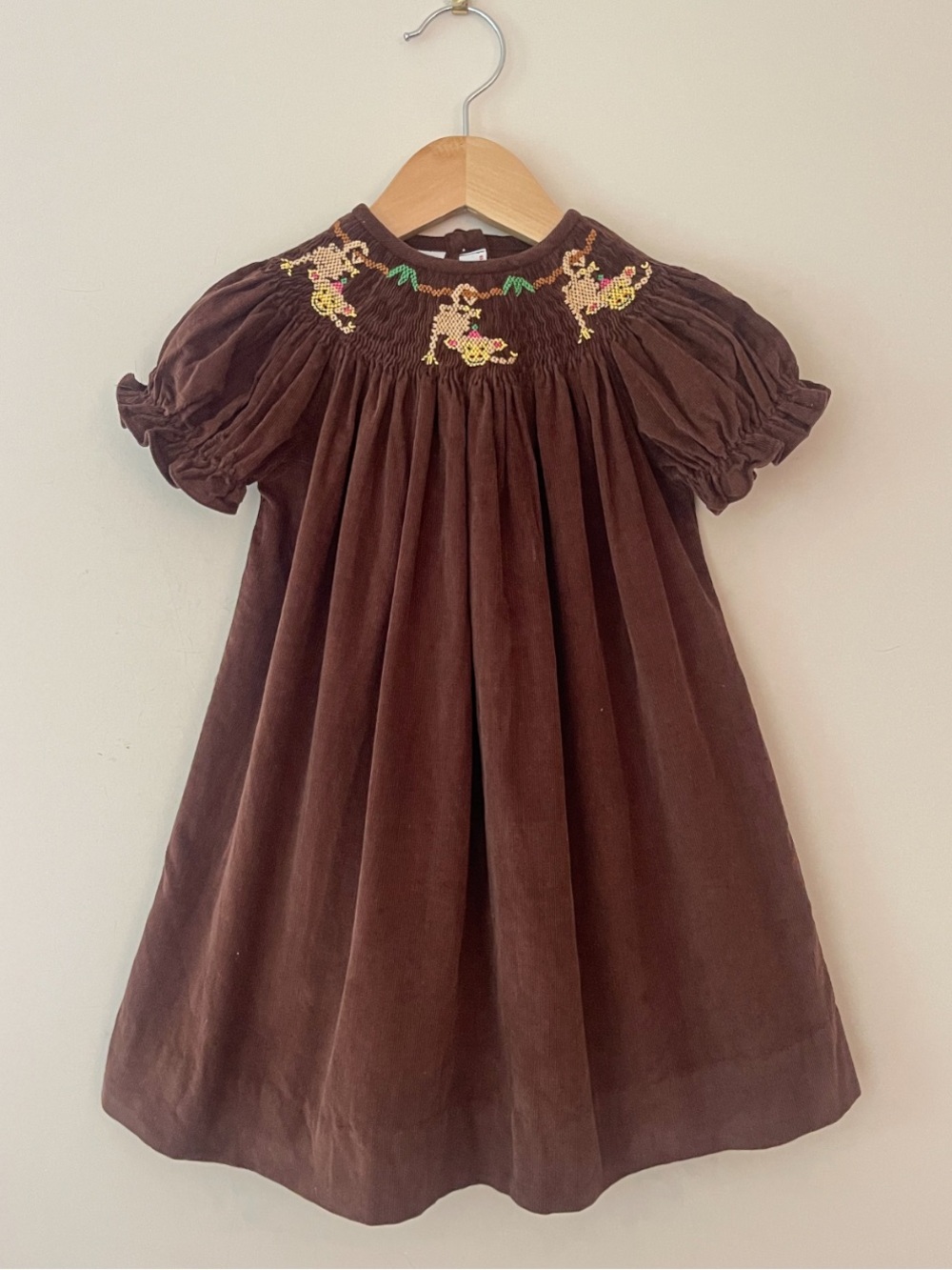 VINTAGE SILLY GOOSE EUC Hand Smocked Corduroy Monkey Heirloom Bishop Dress